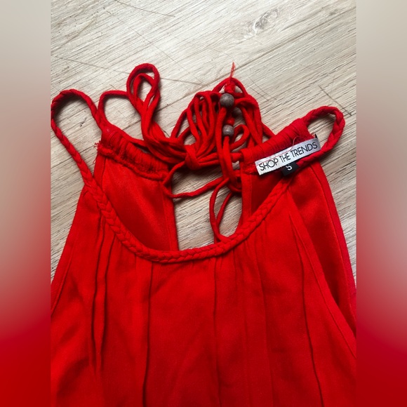 Red Boho Dress with Tassels Open Back Aztec Waistband - Picture 5 of 13